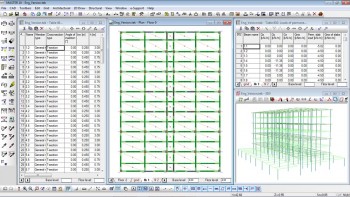 Multiple windows and simultaneous modification of the structural model on one screen. Data tables for quick group changes in the values of the various properties. 3D wired frame view of the structural model.