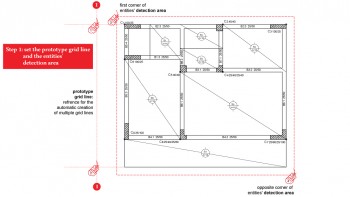 Automatic creation of multiple grid lines in two steps. <b>Step 1</b>: set the prototype grid line and the entities” detection area