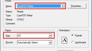 <b>Εικόνα 2:</b> Επιλογή εικονικού εκτυπωτή CutePDF και καθορισμός μεγέθους χαρτιού