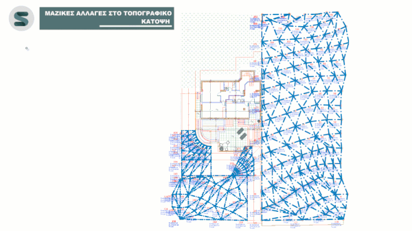 Παράδειγμα μαζικής επεξεργασίας πολυγραμμών και σημείων τοπογραφικού στην κάτοψη.